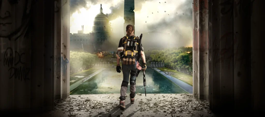 Un montage photo d'un cliché pris chez moi et d'un artwork de The Division 2 montrant le Mall de Washington DC