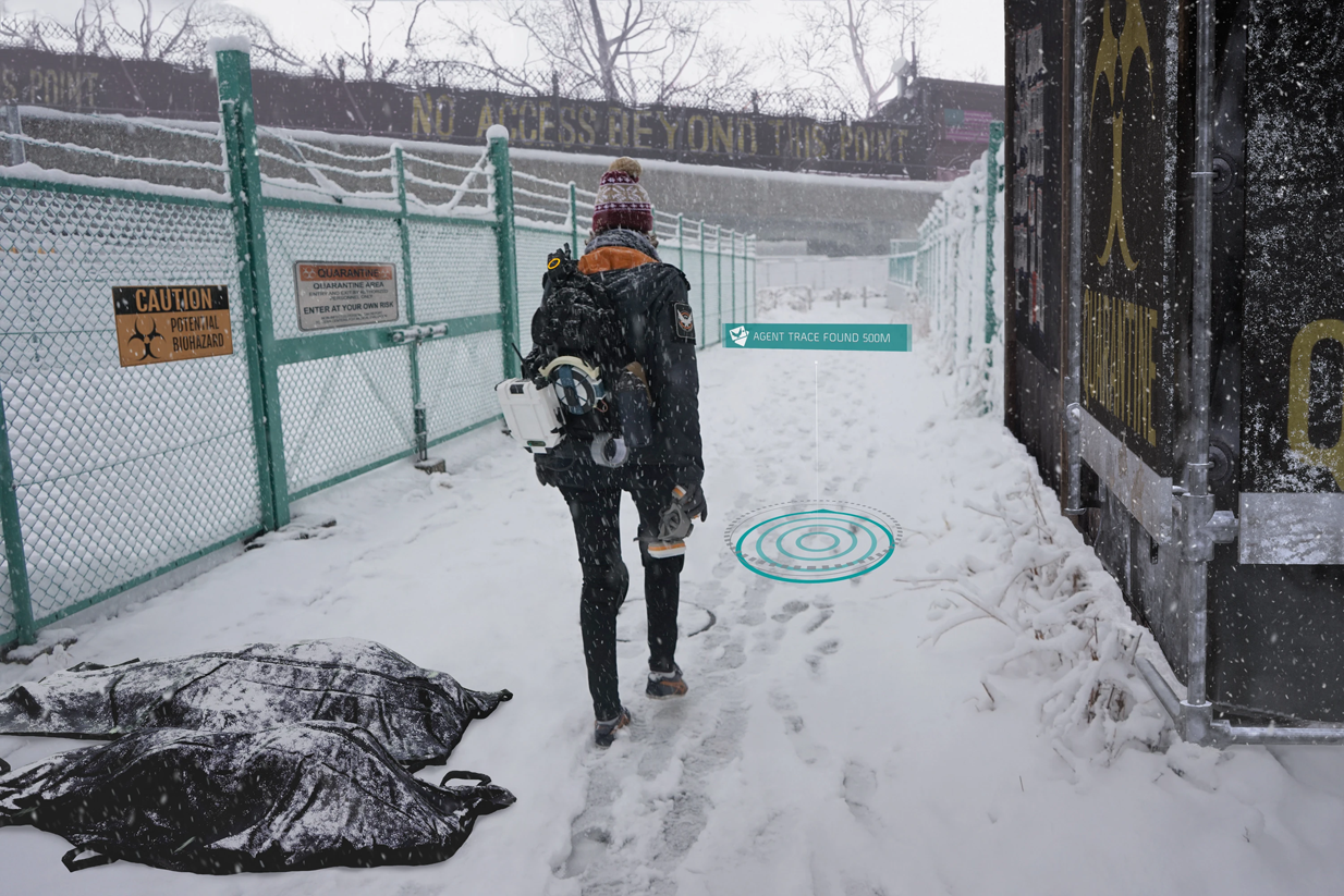 La photo éditée de moi en costume d'agent de la SHD dans la neige, mais des détails du jeu ont été ajoutés : les murs de la Dark Zone 07, des panneaux de zone contaminée, un élément du HUD du jeu indiquant la présence d'un agent porté disparu non loin...