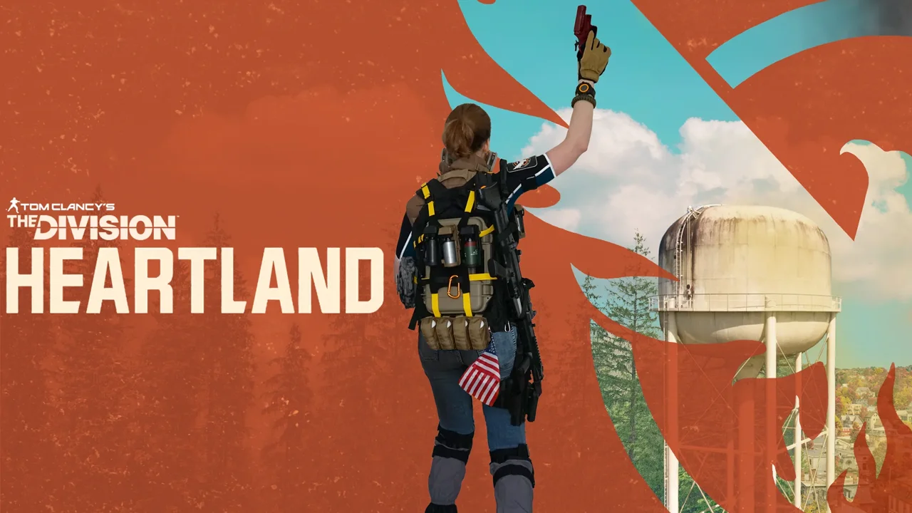 Une recréation de l'affiche de The Division Heartland sur laquelle j'ai incrusté mon cosplay de The Division 2 ; j'ai reconstitué la petite ville, les forêts en fond du logo, le château d'eau et la fusée de détresse à l'aide d'images trouvées sur Internet