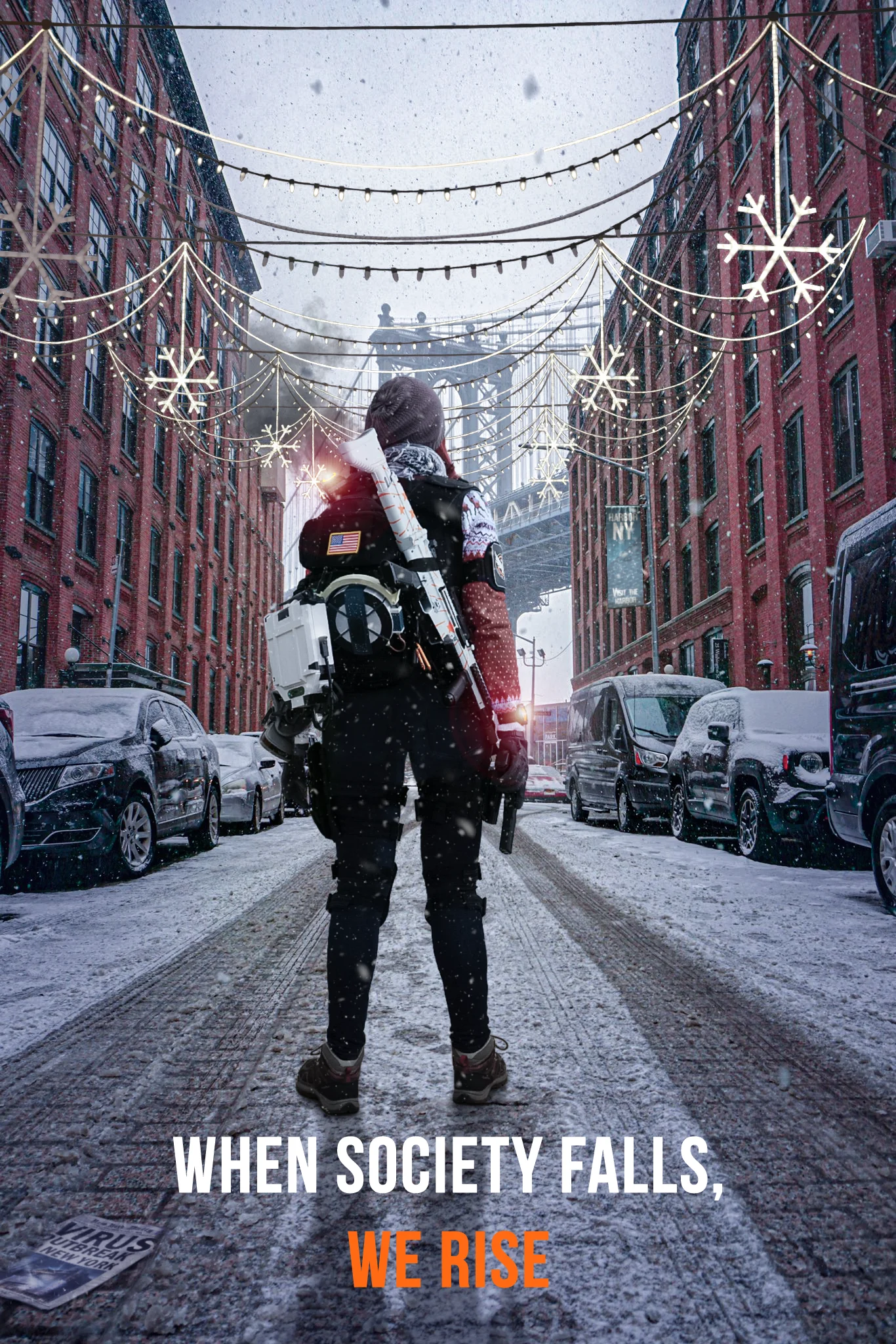 La photo éditée où je suis à présent dans la rue d'où l'on aperçoit le Manhattan Bridge à Brooklyn, par temps enneigé ; des guirlandes de Noël éclairent faiblement la rue, et dans le coin inférieur gauche, on devine un journal dont le titre dit "Un virus à New York"