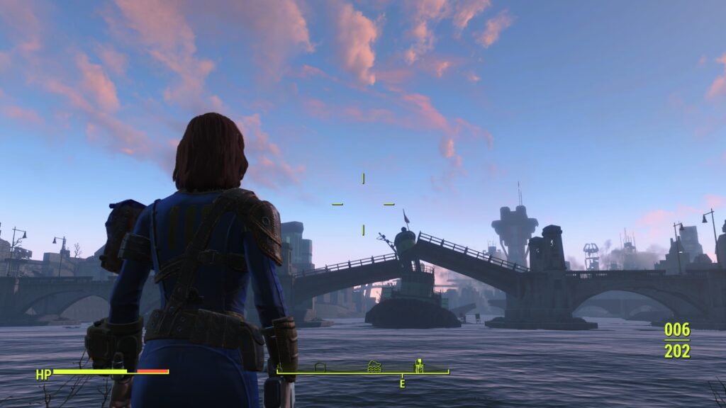 Nora contemple le coucher du soleil sur ce qu'il reste de Boston en 2277 dans Fallout 4