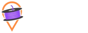 Logo du site : une bobine de filament à impression 3D dans une icône de punaise de localisation ; la baseline "Mab's Worlds" se trouve sur la droite